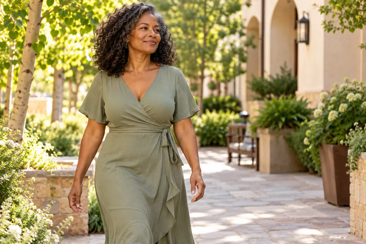Woman in a sage green dress walking through a garden courtyard
