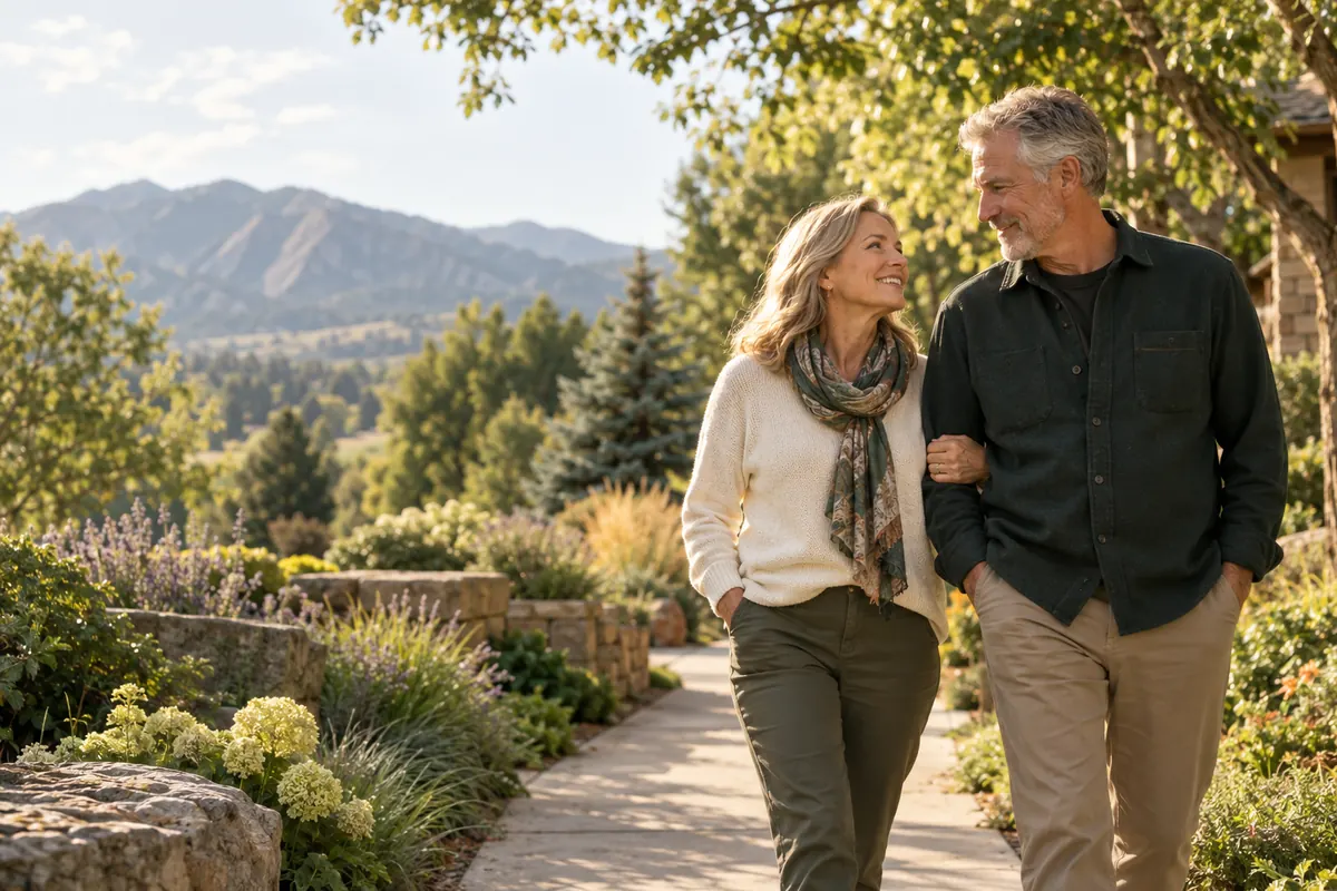 Couple walking arm in arm along a garden path