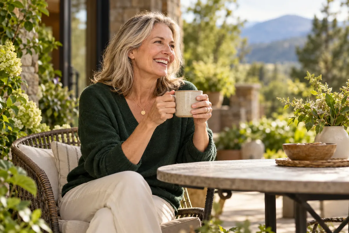 Smiling woman holding a mug at an outdoor table