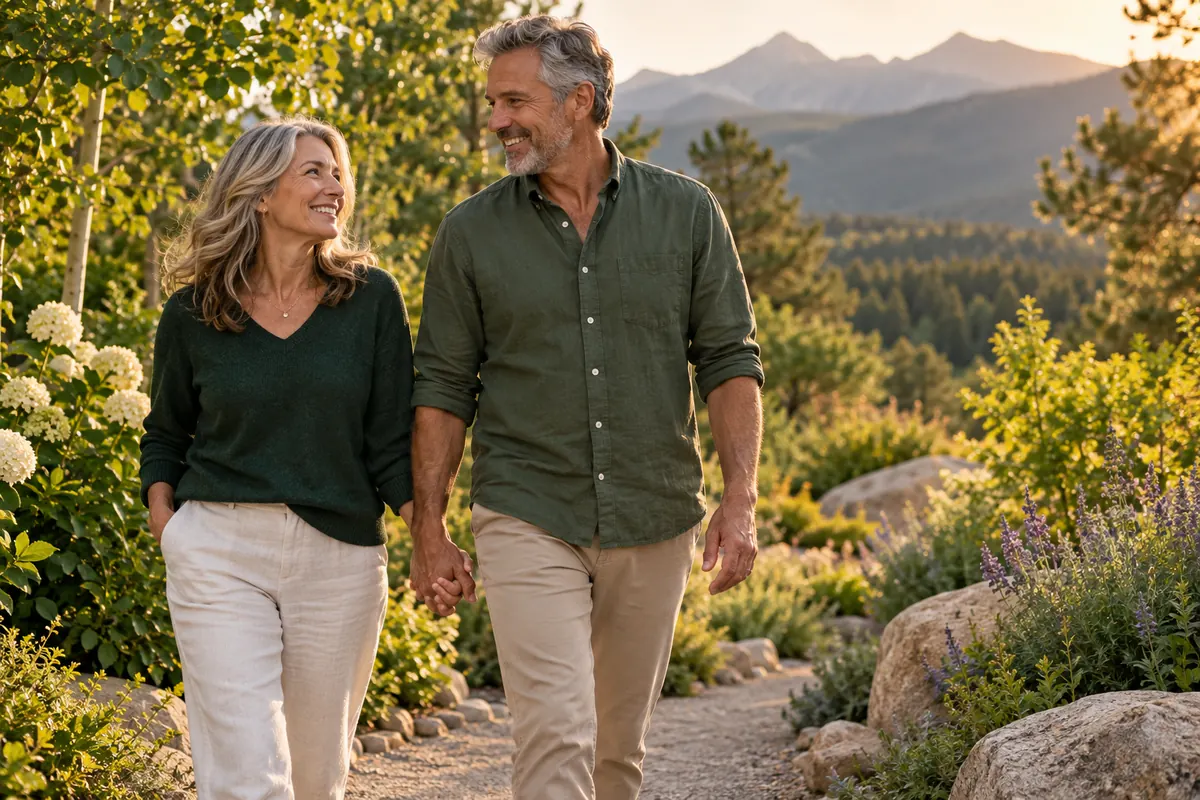 Couple holding hands on a sunny garden walk