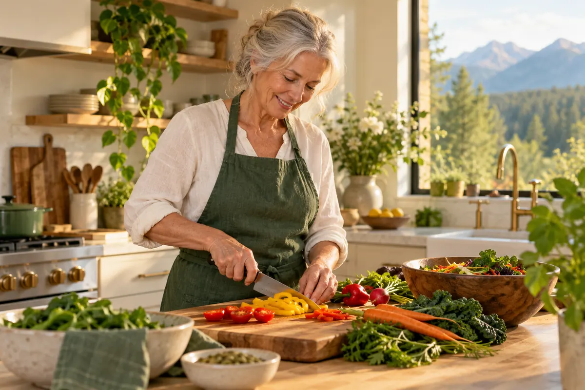 Woman with silver hair chopping vegetables in a bright kitchen