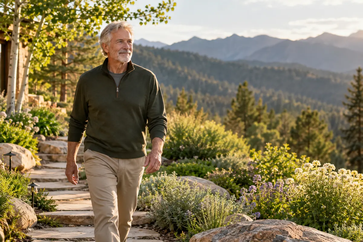 Older man walking a stone garden path with mountains behind