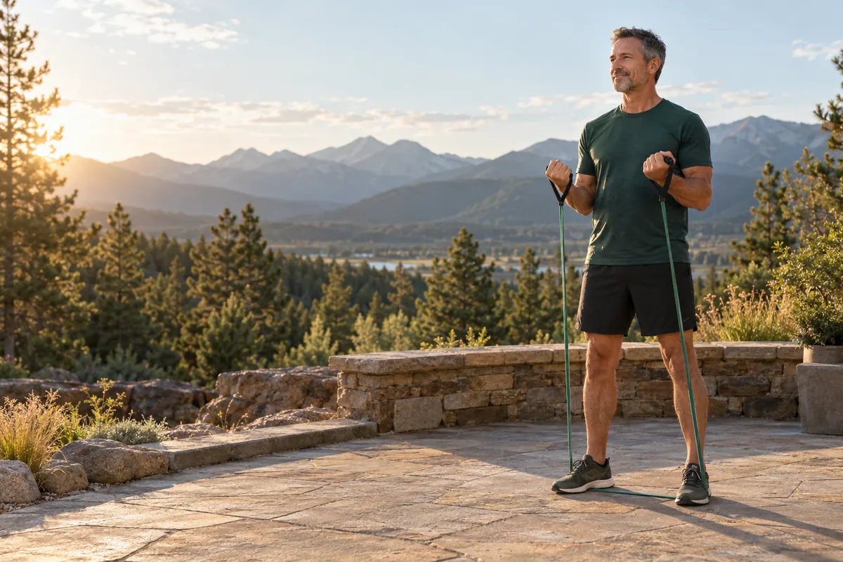 Man doing walking-pole exercise on a stone terrace overlooking mountains