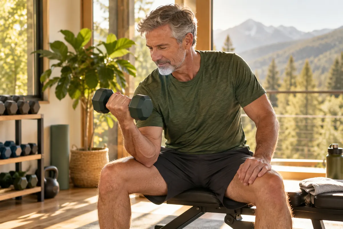 Gray-haired man lifting a dumbbell in a sunlit home gym